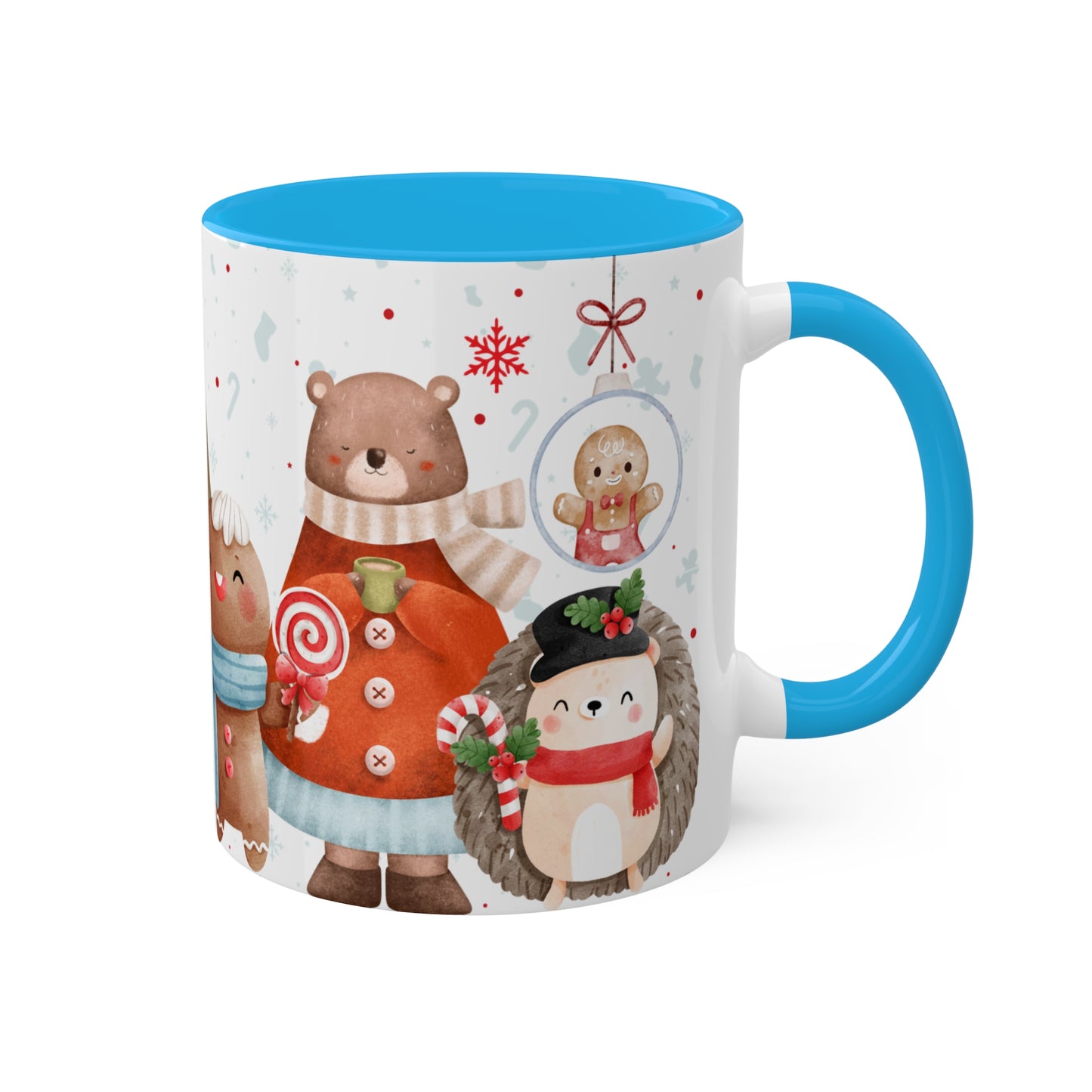 Festive Christmas Mug with Adorable Bear, Hedgehog, and Gingerbread Design – Holiday Coffee Cup