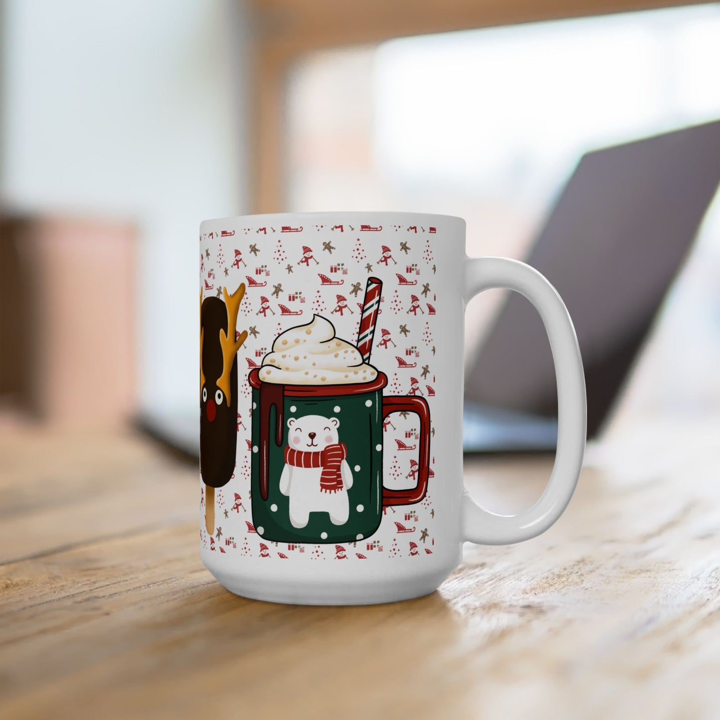 Festive Christmas Mug with Holiday Treats and Cute Characters – Perfect for Winter Beverages