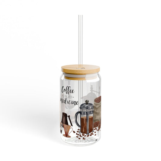 Coffee Is the Best Medicine" Glass Tumbler with Bamboo Lid & Straw – Eco-Friendly Drinkware, 16oz