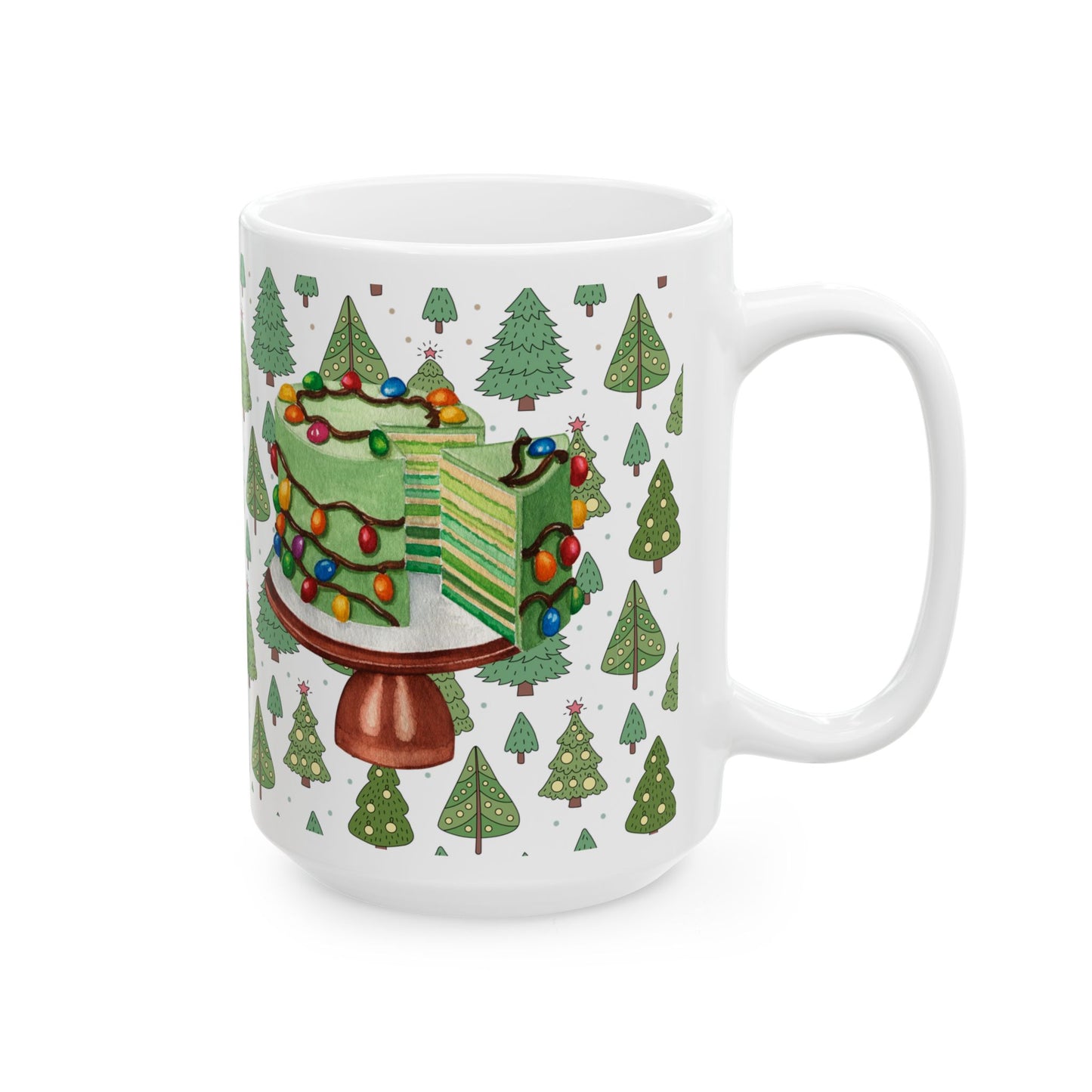 Christmas Mug with Festive Layer Cake and Holiday Tree Design – Perfect for Seasonal Cheer