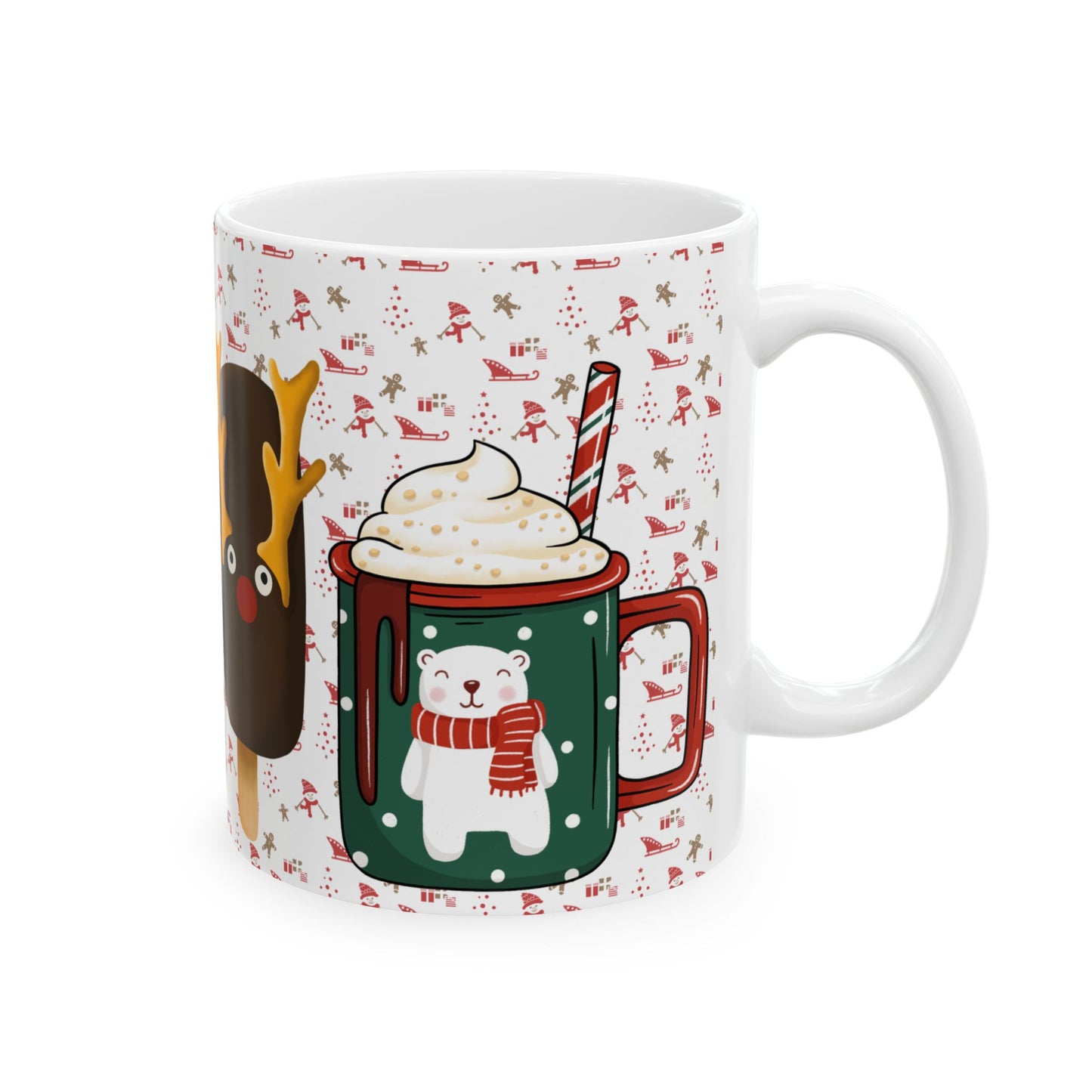 Festive Christmas Mug with Holiday Treats and Cute Characters – Perfect for Winter Beverages