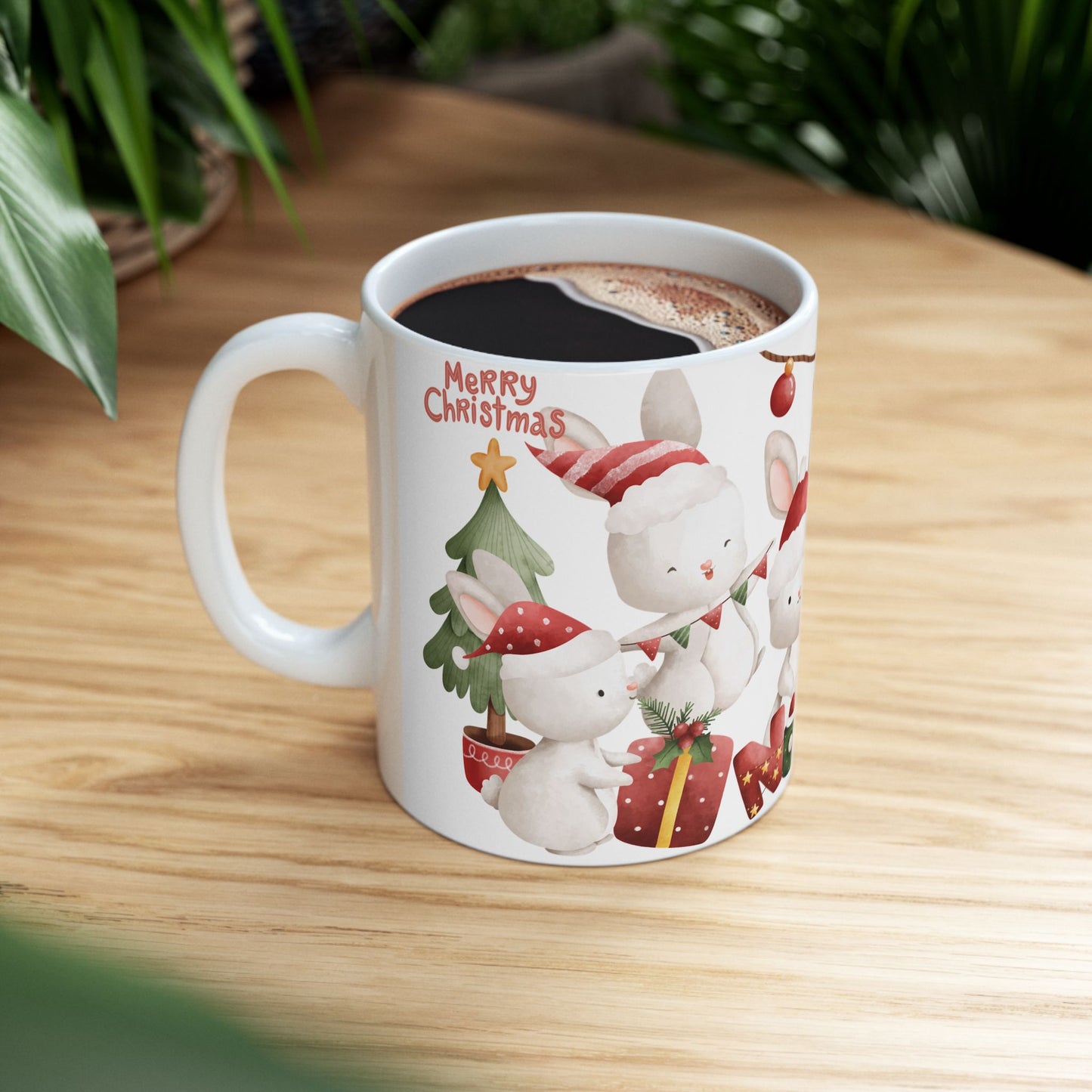 "Merry Christmas" Bunny Mug – Festive Holiday Coffee Cup with Cute Rabbit Design, (11oz, 15oz)