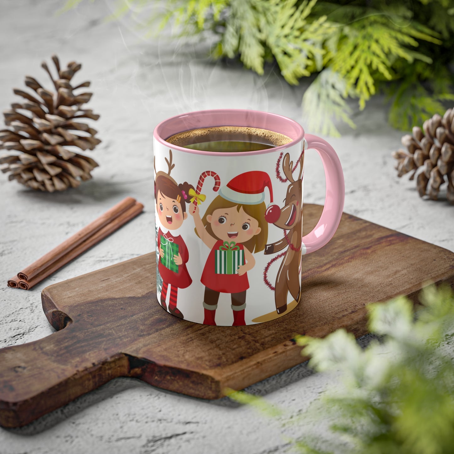 Cute Christmas Mug with Kids and Reindeer Design – Festive Holiday Coffee Cup