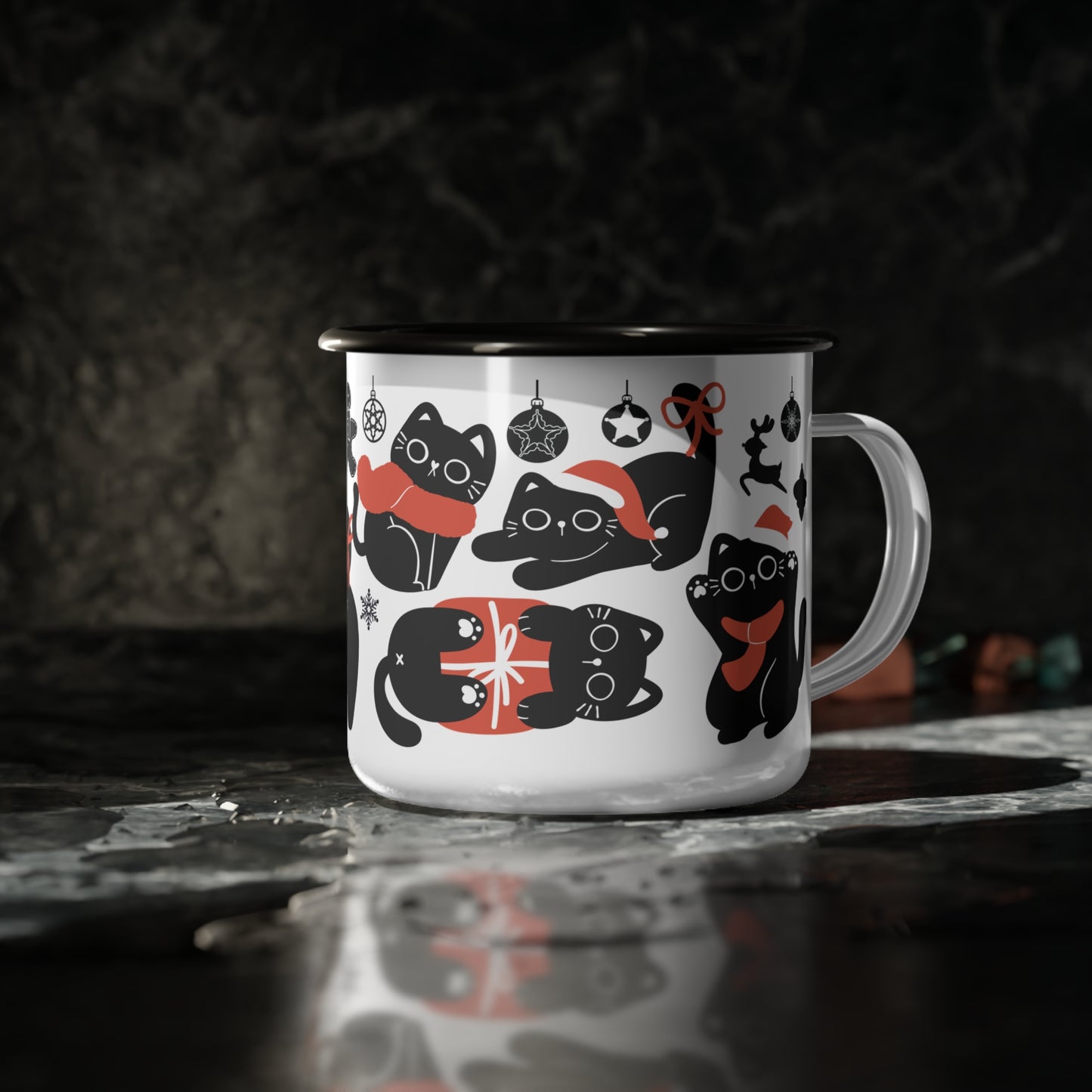 Christmas Cat Enamel Mug – Festive Holiday Design with Adorable Black Cats