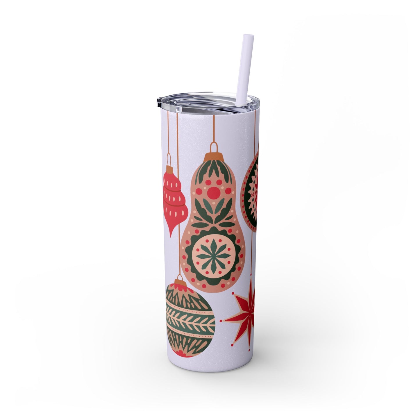 Scandinavian-Inspired Holiday Skinny Tumbler with Straw - Festive Ornaments Design, 20oz