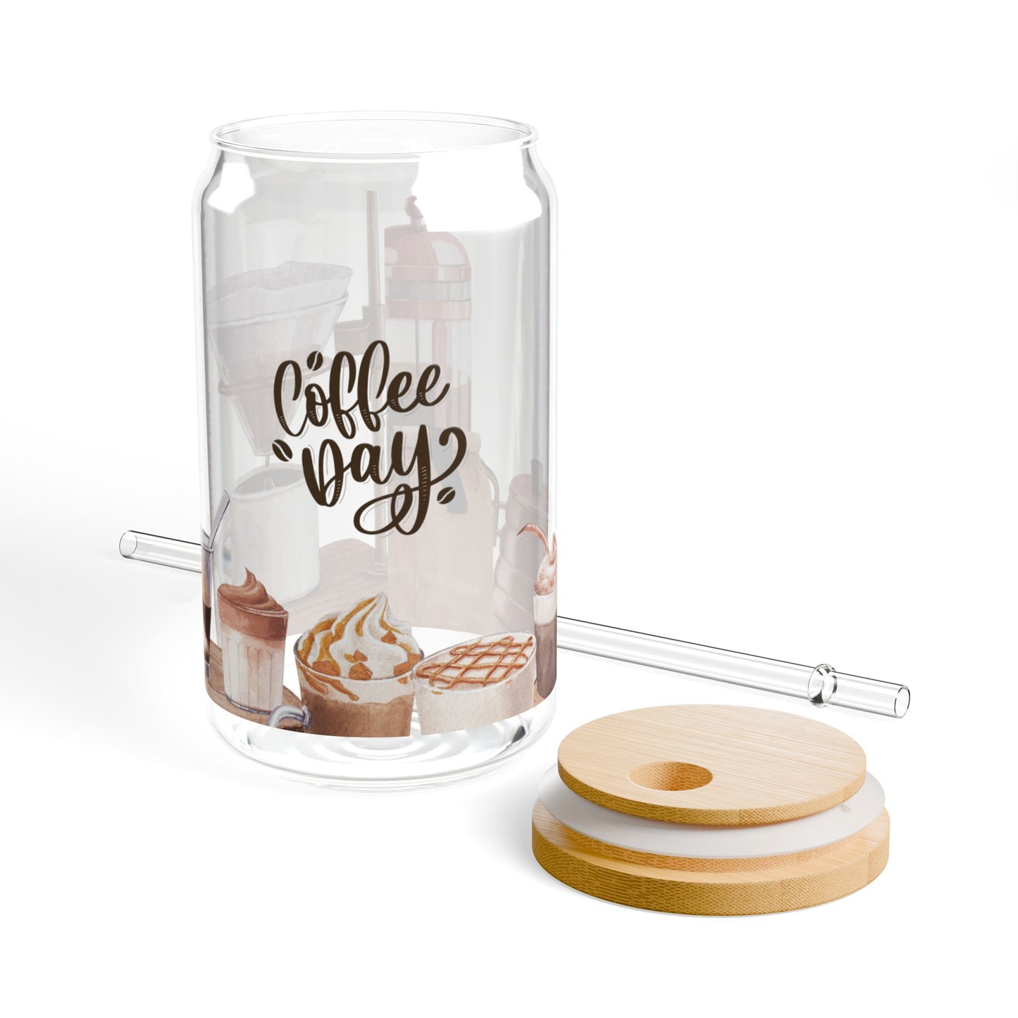 "Coffee Day" Glass Tumbler with Bamboo Lid & Straw – Eco-Friendly Drinkware for Coffee Lovers, 16oz