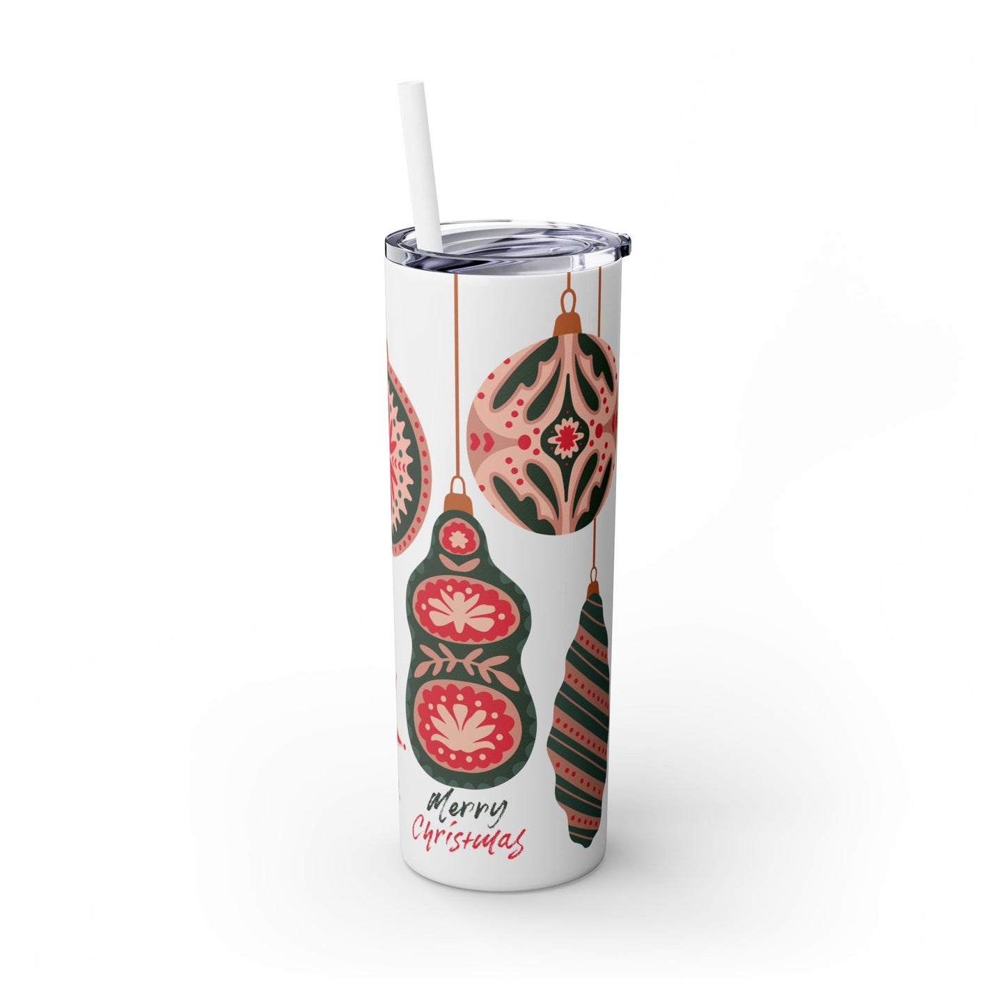 Scandinavian-Inspired Holiday Skinny Tumbler with Straw - Festive Ornaments Design, 20oz