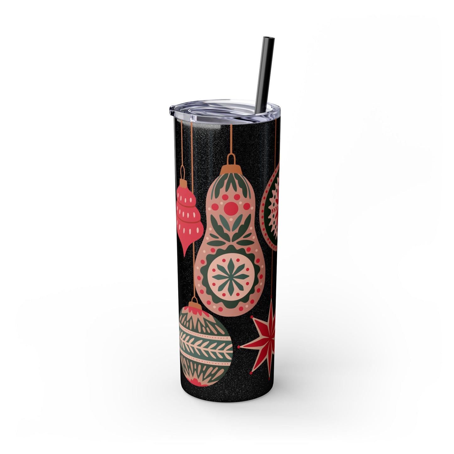 Scandinavian-Inspired Holiday Skinny Tumbler with Straw - Festive Ornaments Design, 20oz