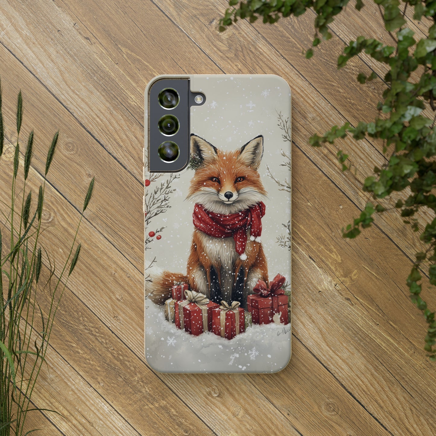 Christmas Fox Phone Case – Festive Holiday Design with Cute Fox and Gift Boxes - Biodegradable Cases