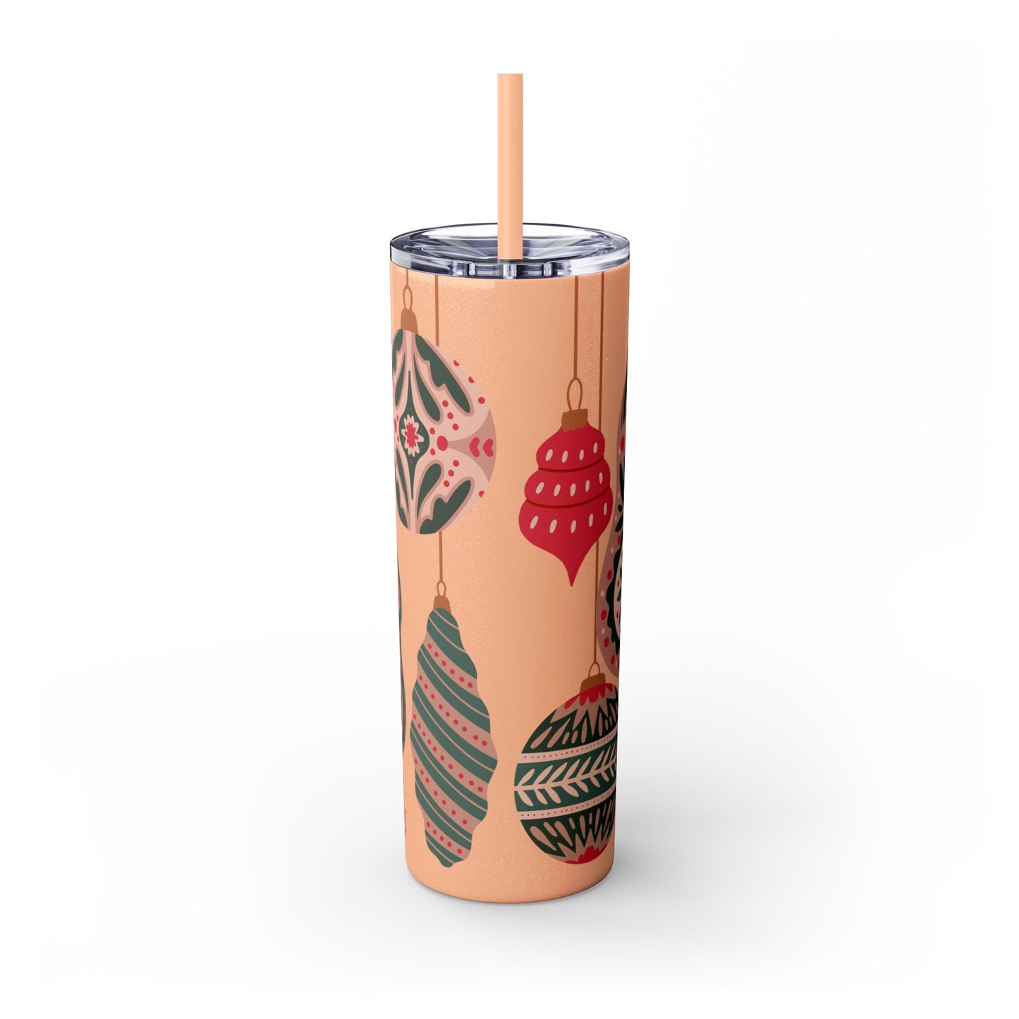 Scandinavian-Inspired Holiday Skinny Tumbler with Straw - Festive Ornaments Design, 20oz