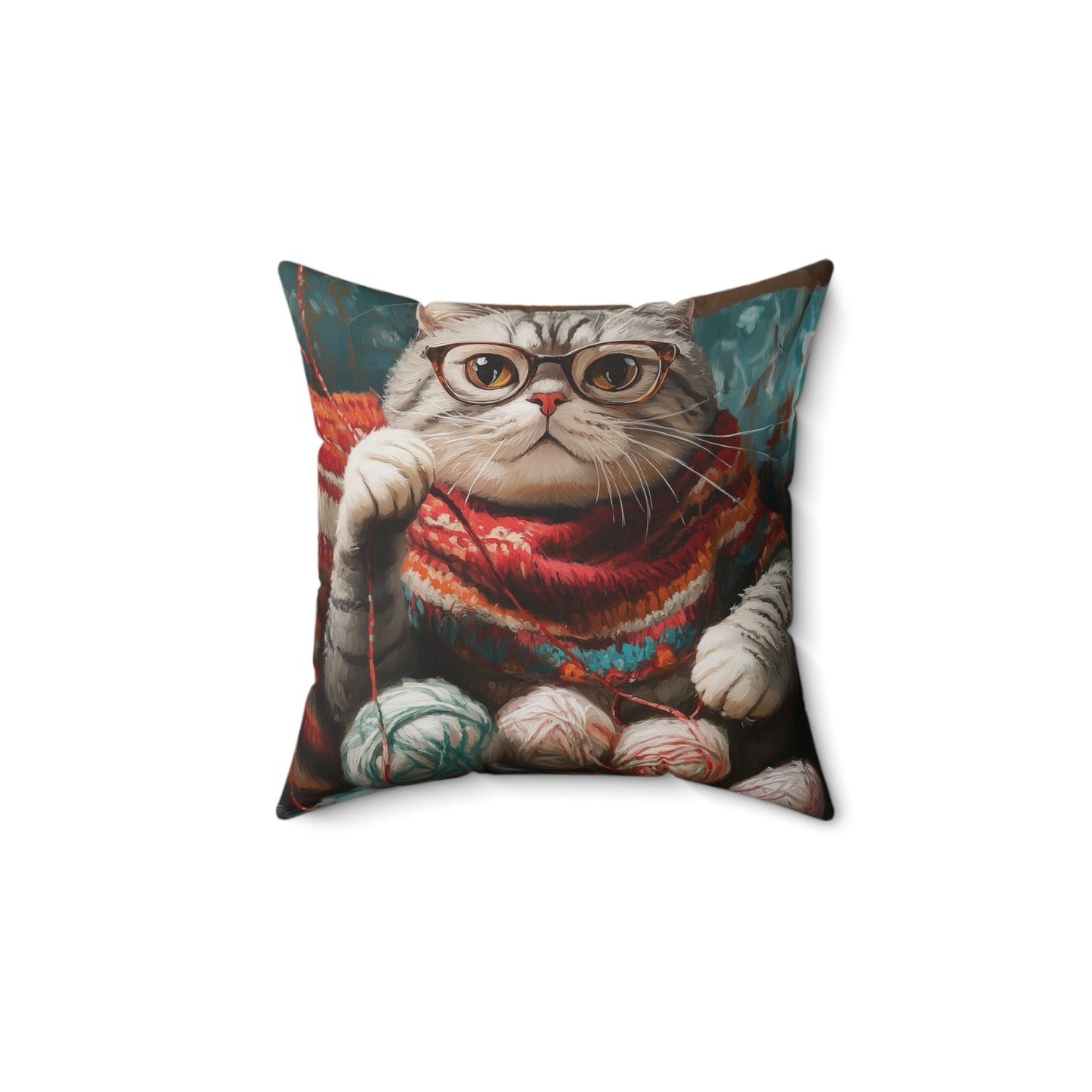 Spun Polyester Square Pillow Scottish Fold Knitting Peacefully on Couch