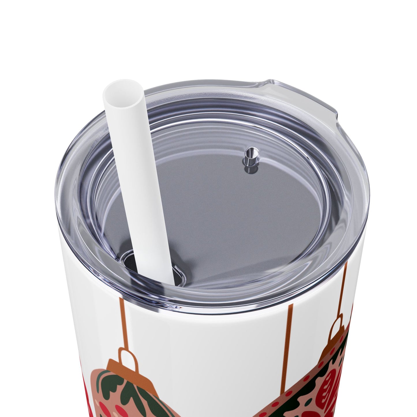 Scandinavian-Inspired Holiday Skinny Tumbler with Straw - Festive Ornaments Design, 20oz