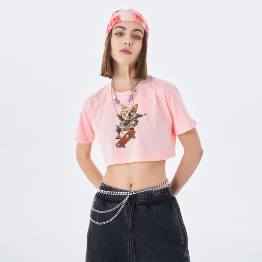 Cute Corgi Skateboard Crop Top - Trendy Streetwear for Animal Lovers