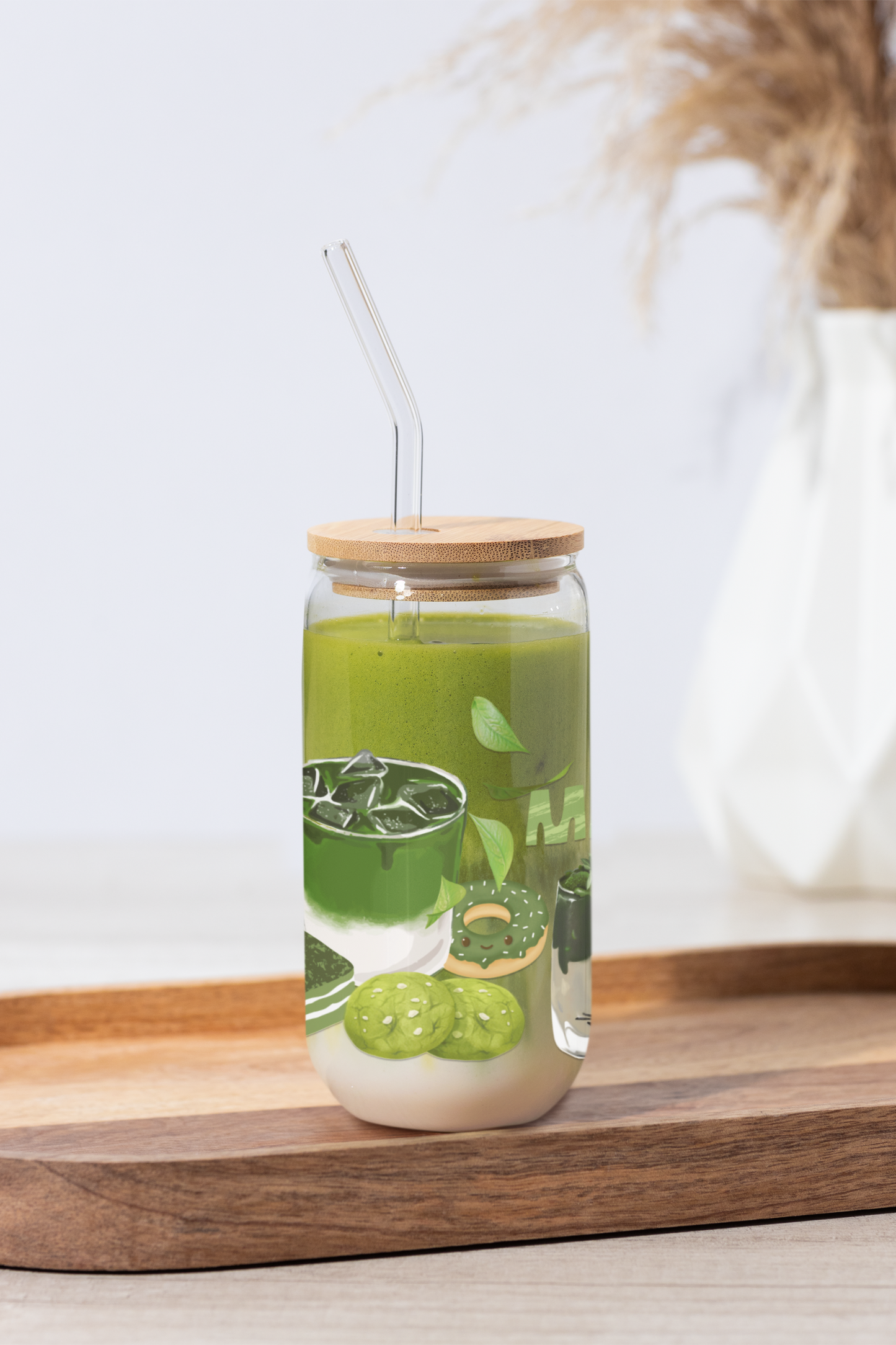 Matcha Lover Glass Cup with Bamboo Lid and Straw – Eco-Friendly Tumbler for Tea and Smoothies, 16oz