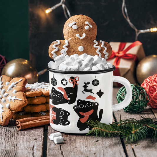 Christmas Cat Enamel Mug – Festive Holiday Design with Adorable Black Cats