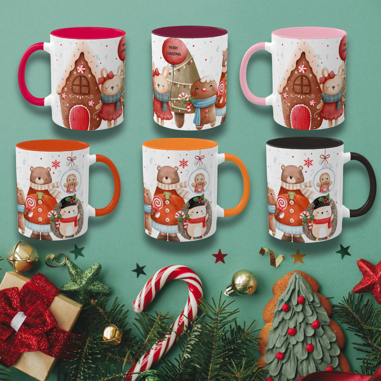 Festive Christmas Mug with Adorable Bear, Hedgehog, and Gingerbread Design – Holiday Coffee Cup